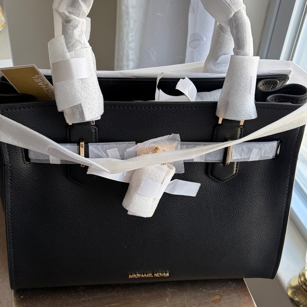 Michael Kors Black Leather Satchel with Gold-Tone Accent